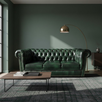 Chesterfield Sofa Dreisitzer Echtleder Couch Grün Ledersofa 230cm Möbel