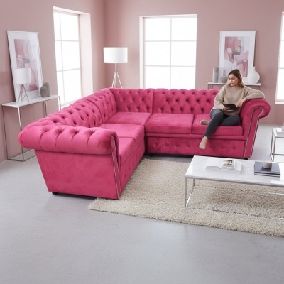 Luxus Rohová sedací souprava L-Forma Chesterfield Pohovka Textil Růžová Pohovka Moderní Sedací soupravy