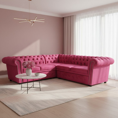Luxus Rohová sedací souprava L-Forma Chesterfield Pohovka Textil Růžová Pohovka Moderní Sedací soupravy