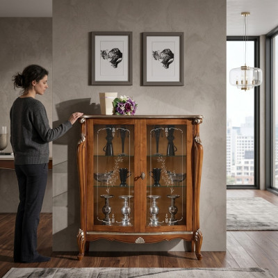 Braune Glasvitrine Wohnzimmer Holz Sideboard Luxus Vitrinen Schrank Regal