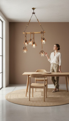 Lampe Deckenleuchter Lüster Kronleuchter Deckenlampe Bambus Glas Braun