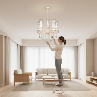 Klassische Lüster Deckenlampe Beige Kristall Hängebeleuchtung Deckenluster