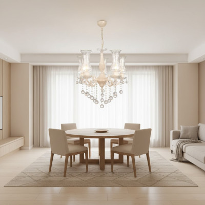 Klassische Lüster Deckenlampe Beige Kristall Hängebeleuchtung Deckenluster