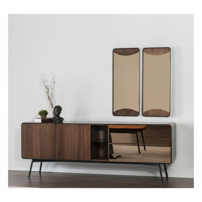 Sideboard Kommode Anrichte Spiegel Holz Modern Braun Set Garnitur  Bufet Skříň Nástěnné zrcadlo Dřevo Moderní Hnědý Set Souprava