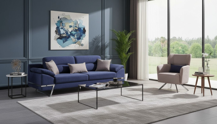 Luxus Sofagarnitur 331 Sitzer Dreisitzer Sofa Sessel Stoff Blau Modern
