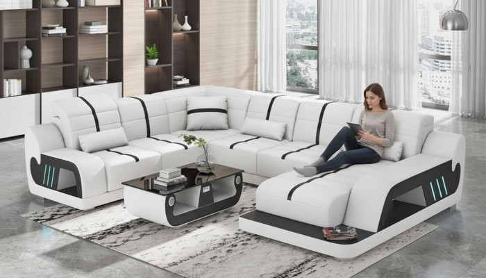 Modern Wohnlandschaft Sofa U Form Ecksofa Designersofa Weiß Kunstleder