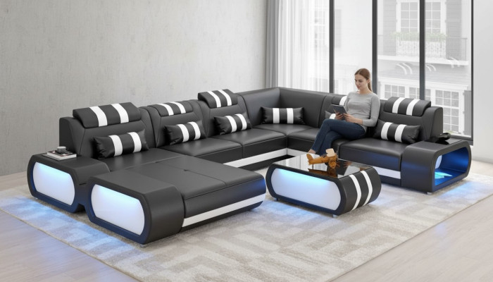 Moderne XXL Sofa U Form Groß Ecksofa Ledersofa Schwarz Kunstleder