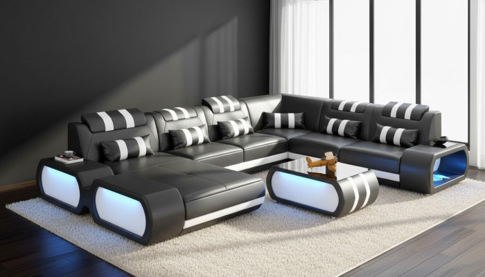 Moderne XXL Sofa U Form Groß Ecksofa Ledersofa Schwarz Kunstleder