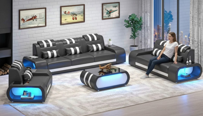 Couchgarnitur Zweisitzer Ledersofas Sessel Dreisitzer 3tlg Schwarz Set