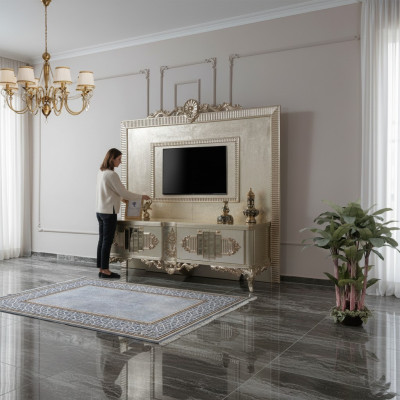 Lowboard TV stánek, Sideboard RTV zlatý dřevěný obývací pokoj stůl Luxus.
