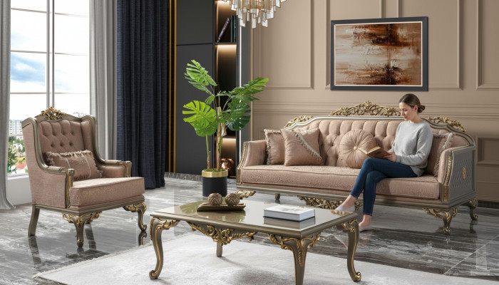 Chesterfield sedací souprava třímístná křeslo látkový stojan Beige Nový