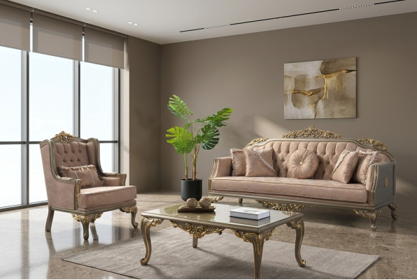 Chesterfield sedací souprava třímístná křeslo látkový stojan Beige Nový