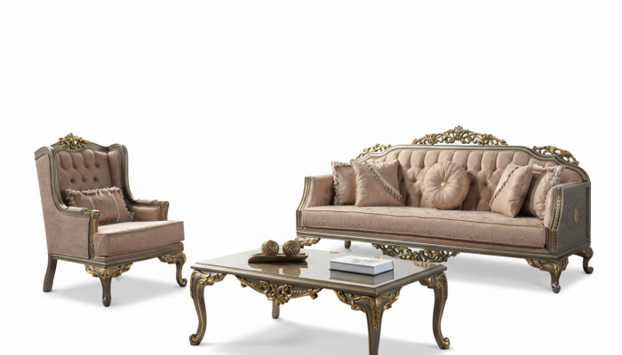 Chesterfield sedací souprava třímístná křeslo látkový stojan Beige Nový