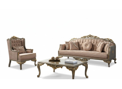Chesterfield sedací souprava třímístná křeslo látkový stojan Beige Nový