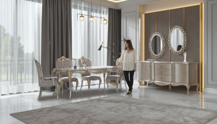 Kompletní jídelní sestava stůl sideboard jídelna jídelní stůl dřevo set 12 kusů béžová.