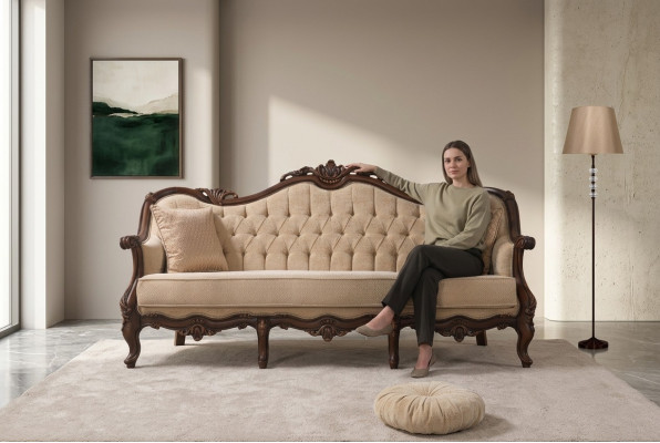 Dreisitzer Sofa 3 Sitz Stoffsofa Polstersofa Beige Stoff Chesterfield 235cm