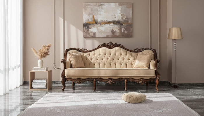 Dreisitzer Sofa 3 Sitz Stoffsofa Polstersofa Beige Stoff Chesterfield 235cm