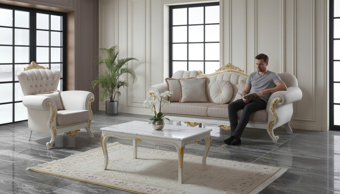 Sada Sofa Chesterfield Pohovka Pohovka Chesterfield Látka Pohovka Beige Pohovky