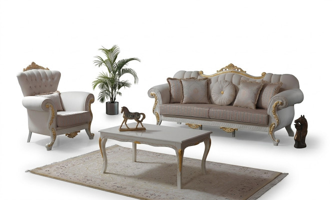 Sada Sofa Chesterfield Pohovka Pohovka Chesterfield Látka Pohovka Beige Pohovky