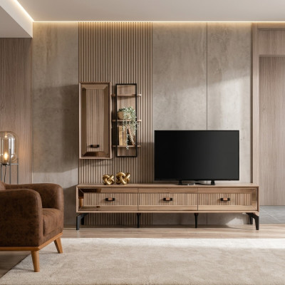 Garnitur TV Ständer Schrank RTV Lowboard Wohnzimmer Regale Gold Holz
