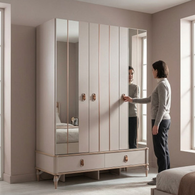 Luxus Kleiderschrank Kinderschrank Holzschrank Schrank Beige Spiegel