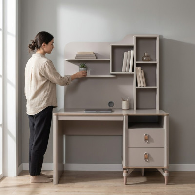 Schreibtisch Bürotisch Computertisch Beige Büromöbel Holz Tisch Regale