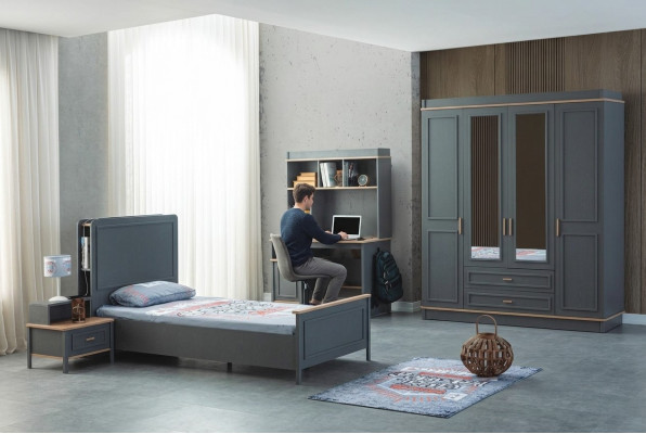 Garnitur Kinderzimmer Bett Kinderbett Kindermöbel Grau Holz Set 4tlg