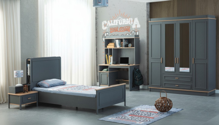 Garnitur Kinderzimmer Bett Kinderbett Kindermöbel Grau Holz Set 4tlg