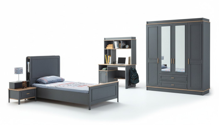 Garnitur Kinderzimmer Bett Kinderbett Kindermöbel Grau Holz Set 4tlg
