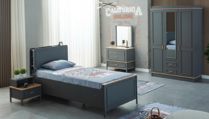 Kindermöbel Garnitur Kinderzimmer Bett Kinderbett Grau Holz Set 5tlg