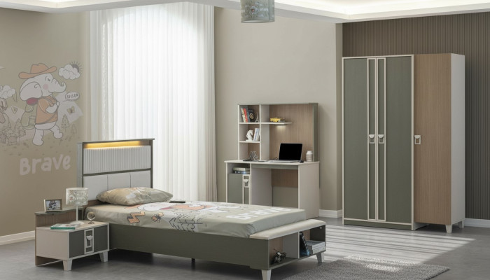 Garnitur Kinderzimmer Bett Kinderbett Kindermöbel Grau Holz Set 4tlg