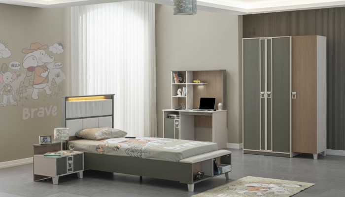 Kindermöbel Garnitur Kinderzimmer Bett Kinderbett Grau Holz Set 4tlg