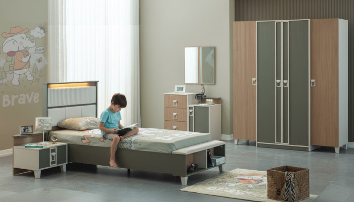 Moderne Komplette Kindermöbel Kinderbett Grau Holz Set 5tlg Nachttisch