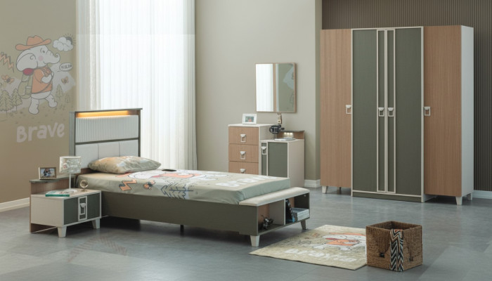 Moderne Komplette Kindermöbel Kinderbett Grau Holz Set 5tlg Nachttisch