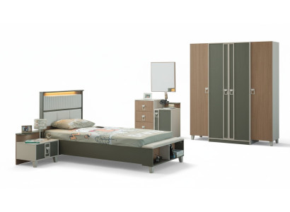 Moderne Komplette Kindermöbel Kinderbett Grau Holz Set 5tlg Nachttisch