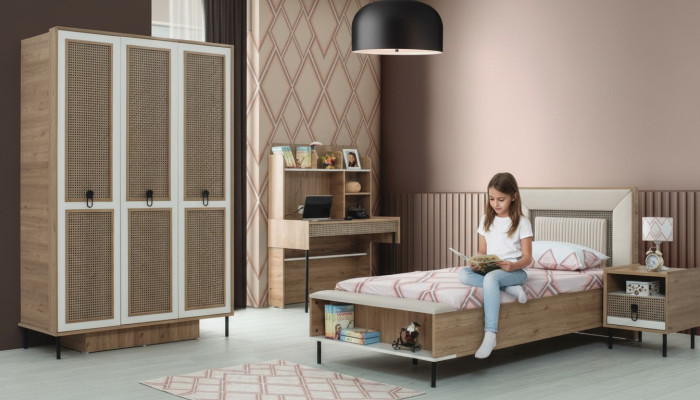 Moderne Komplette Kindermöbel Kinderbett Braun Holz Set 4tlg Bett Neu