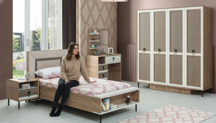 Garnitur Kinderzimmer Bett Kinderbett Kindermöbel Braun Holz Set 5tlg