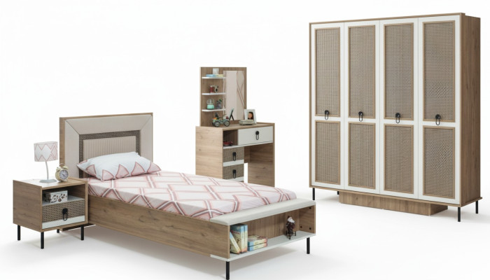 Garnitur Kinderzimmer Bett Kinderbett Kindermöbel Braun Holz Set 5tlg