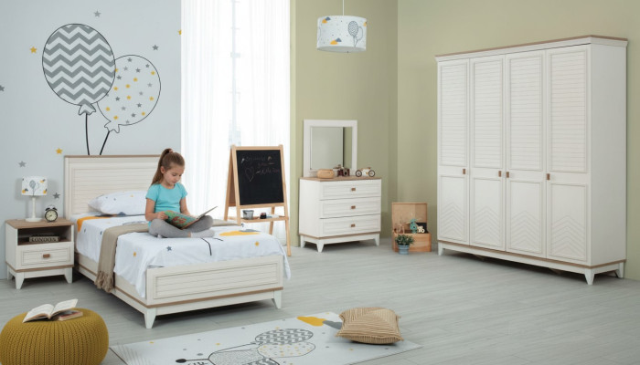 Komplette Jugenbett Kindermöbel Kinderbett Weiß Holz Set 5tlg Kommode