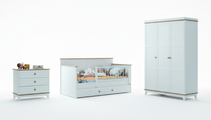 Kinderlaufstall Kinderbettchen Garnitur Bettchen Weiß Holz Set 3tlg