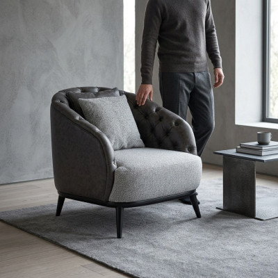 Design křeslo jednosedadlo 1-sedačka látkové křeslo šedé barvy design Chesterfield