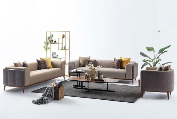 Garnitur Dreisitzer Viersitzer Sessel Sofa Stoff Beige Stoffsofa Set 4+3+1