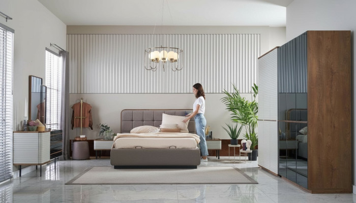 Moderní ložnice Set 7 částí manželská postel Kompletní hnědé dřevo posteľ