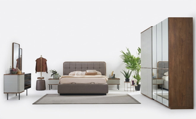 Moderní ložnice Set 7 částí manželská postel Kompletní hnědé dřevo posteľ