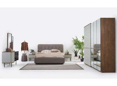 Moderní ložnice Set 7 částí manželská postel Kompletní hnědé dřevo posteľ