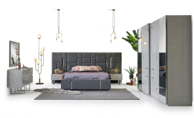 Bettrahmen Schlafzimmer Doppelbett Grau Holz Set 6tlg Kleiderschrank