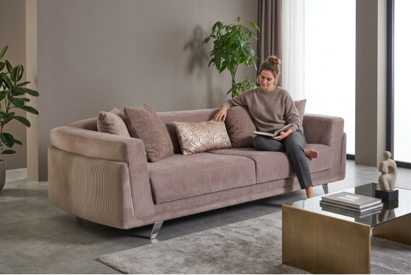 Dreisitzer Couch mit Bettfunktion Sofa 3 Sitzer Beige Stoff Stoffsofa