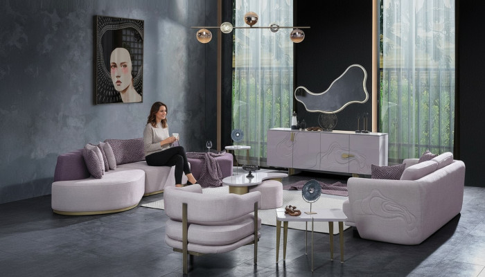 Sofa s rozkládacím ložem Velká obývací krajina Růžové látkové sedačky Moderní sada 7 kusů