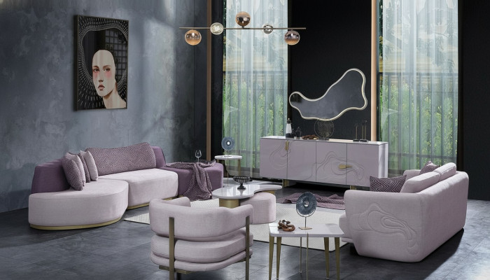 Sofa s rozkládacím ložem Velká obývací krajina Růžové látkové sedačky Moderní sada 7 kusů
