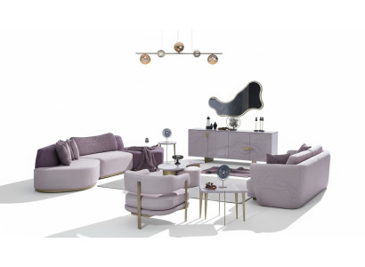Sofa s rozkládacím ložem Velká obývací krajina Růžové látkové sedačky Moderní sada 7 kusů
